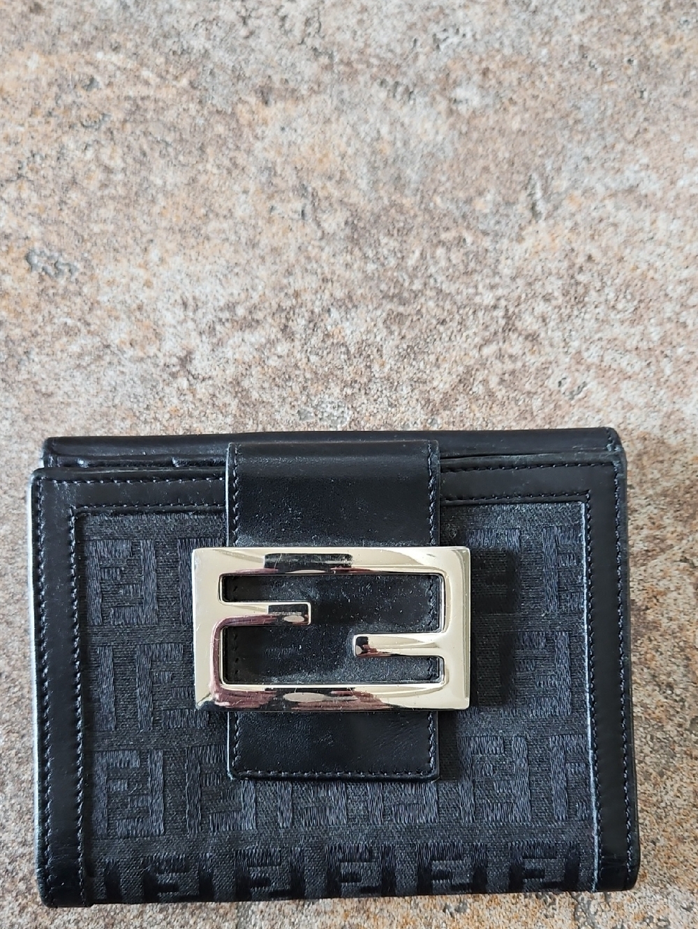 Fendi authentic black Monogram Canvas Wallet with Silver Buckle